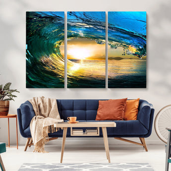 19378-MGV-CV-36X24-Ocean Wave Sunset Wall Art – Vibrant Surf and Golden Horizon Canvas Print, Coastal Seascape Photography for Living Room, Bedroom,