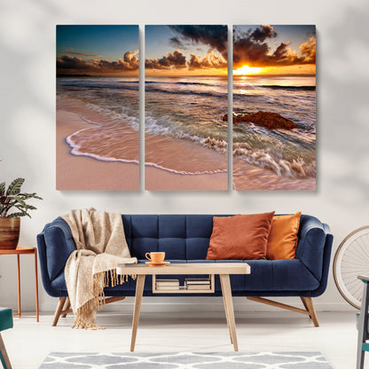 80979-MGV-CV-36X24-Golden Sunrise Beach Wall Art – Ocean Waves and Sandy Shore Canvas Print, Coastal Sunset Photography Artwork for Living Room,