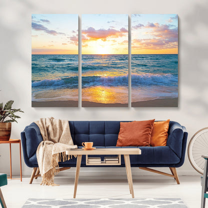 78006-MGV-CV-36X24-Golden Sunrise Ocean Wall Art – Panoramic Beach Waves Canvas Print, Coastal Seascape Artwork for Living Room, Bedroom, Office, or
