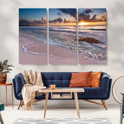 94906-MGV-CV-36X24-Sunrise Beach Wall Art – Panoramic Ocean Waves Canvas Print, Coastal Sunset Seascape Artwork for Living Room, Bedroom, or Office