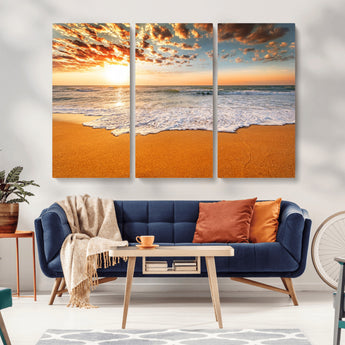 15399-MGV-CV-36X24-Golden Sunrise Beach Wall Art – Ocean Waves on Sandy Shore Canvas Print, Coastal Seascape Decor for Living Room or Bedroom