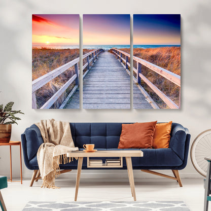 60625-MGV-CV-36X24-Beach Boardwalk Sunrise Wall Art – Coastal Pathway to Ocean Canvas Print, Seaside Landscape Decor for Home or Office