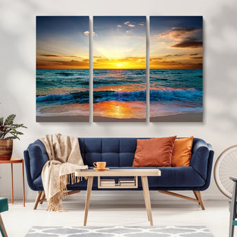 50627-MGV-CV-36X24-Ocean Sunset Wall Art – Serene Beach Canvas Print with Waves and Golden Sky, Coastal Decor for Living Room or Office