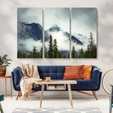 93219-MGV-CV-36X24-Misty Mountain Wall Art – Foggy Pines and Rocky Peaks Canvas Print, Nature Landscape Decor for Living Room, Office or Bedroom