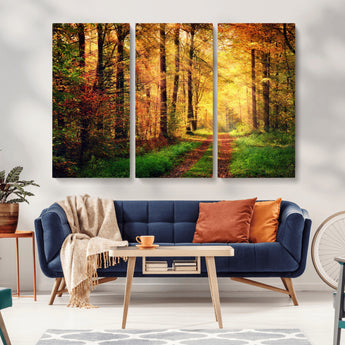 73494-MGV-CV-36X24-Golden Autumn Forest Path Wall Art – Sunlit Woodland Canvas Print, Fall Nature Landscape Home Decor