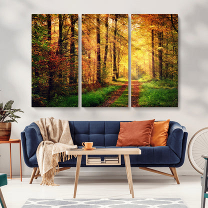 73494-MGV-CV-36X24-Golden Autumn Forest Path Wall Art – Sunlit Woodland Canvas Print, Fall Nature Landscape Home Decoration