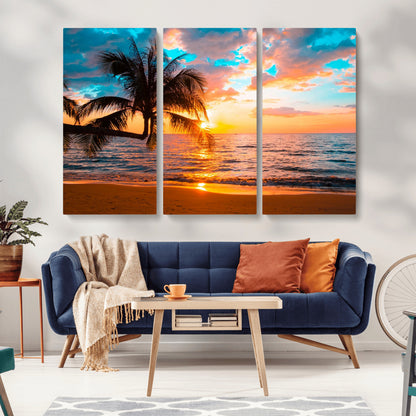 34674-MGV-CV-36X24-Tropical Sunset Beach Wall Art – Palm Tree Ocean Canvas Print, Coastal Seascape Decor for Living Room or Office Wall