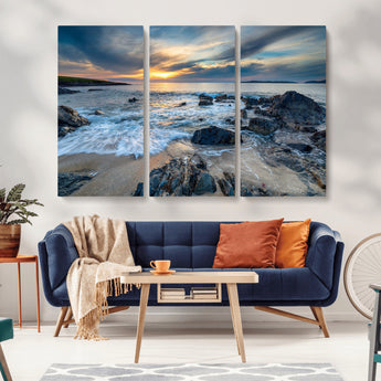 17902-MGV-CV-36X24-Rocky Shore Ocean Sunset Wall Art – Coastal Seascape Canvas Print, Nature Beach Decor for Living Room or Office