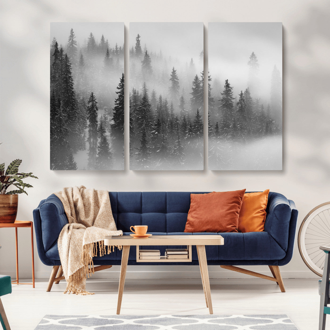 57235-MGV-CV-36X24-Misty Pine Forest Wall Art – Black and White Mountain Landscape Canvas Print, Nature Woodland Decor for Living Room, Bedroom or