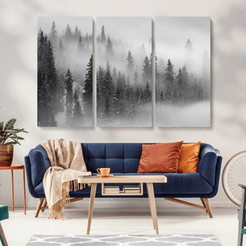 57235-MGV-CV-36X24-Misty Pine Forest Wall Art – Black and White Mountain Landscape Canvas Print, Nature Woodland Decor for Living Room, Bedroom or