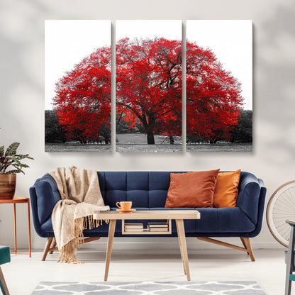 80021-MGV-CV-36X24-Red Tree Wall Art – Striking Black and White Landscape Canvas Print with Vibrant Red Leaves, Modern Nature Decor for Living Room