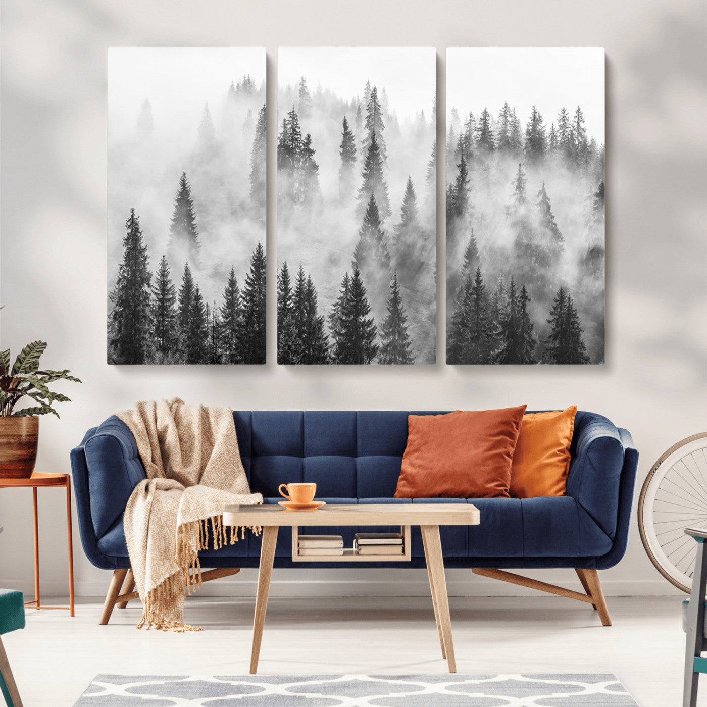 10422-MGV-CV-36X24-Misty Pine Forest Wall Art – Black and White Foggy Landscape Canvas Print, Serene Nature Woodland Decor for Bedroom, Office or