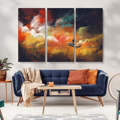 45085-MGV-CV-36X24-Surreal Cosmic Wall Art – Abstract Galaxy Dreamscape Canvas Print with Man and Dog in Boat, Fantasy Nebula Painting for Living