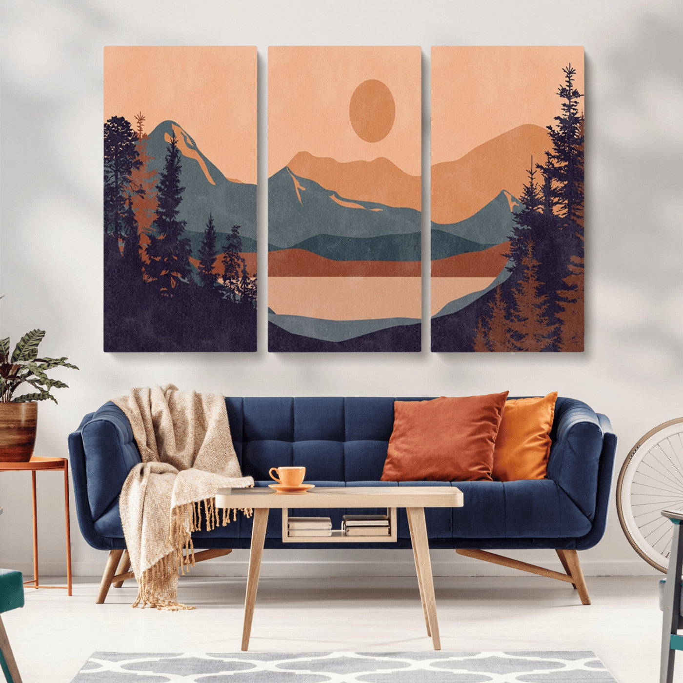 62795-MGV-CV-36X24-Minimalist Mountain Landscape Wall Art – Abstract Sunset Over Peaks and Pine Trees Canvas Print, Modern Nature Decor for Living