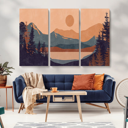 62795-MGV-CV-36X24-Minimalist Mountain Landscape Wall Art – Abstract Sunset Over Peaks and Pine Trees Canvas Print, Modern Nature Decor for Living