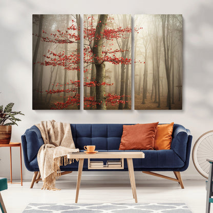 61855-MGV-CV-36X24-Misty Forest Wall Art – Red Tree with Autumn Leaves Canvas Print, Moody Woodland Nature Decor for Living Room, Bedroom, or Office