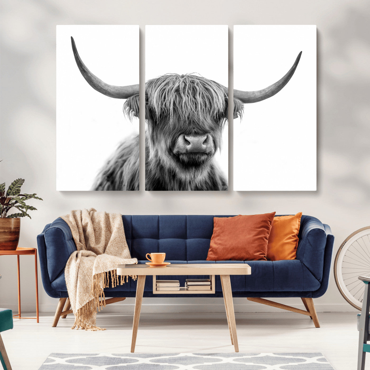 10123-MGV-CV-36X24-Black and White Highland Cow Wall Art – Modern Farmhouse Animal Print, Rustic Scottish Bull Canvas Decor for Living Room, Bedroom,