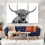 10123-MGV-CV-36X24-Black and White Highland Cow Wall Art – Modern Farmhouse Animal Print, Rustic Scottish Bull Canvas Decor for Living Room, Bedroom,