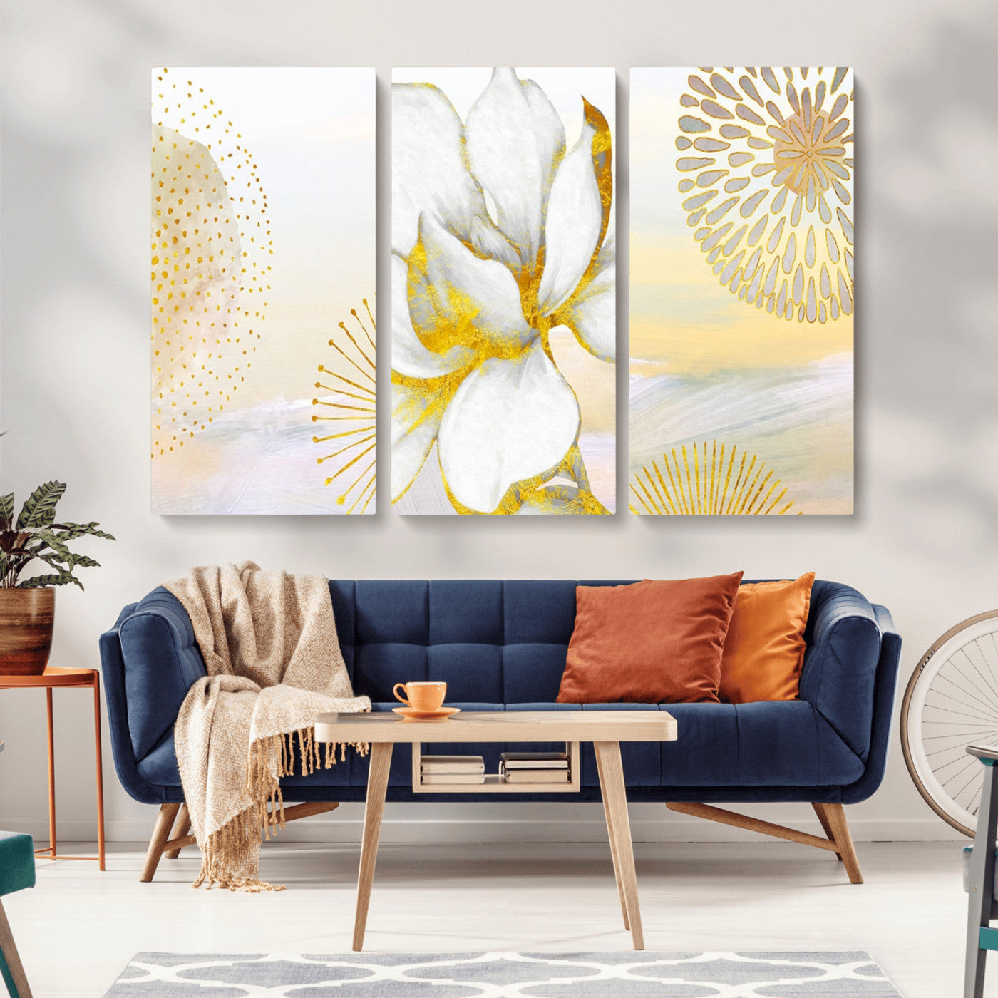 82301-MGV-CV-36X24-Modern Floral Wall Art – White Flower with Gold Detailing Canvas Print, Elegant Abstract Artwork for Living Room, Bedroom, or