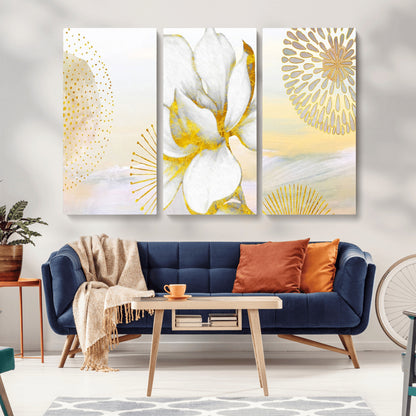 82301-MGV-CV-36X24-Modern Floral Wall Art – White Flower with Gold Detailing Canvas Print, Elegant Abstract Artwork for Living Room, Bedroom, or