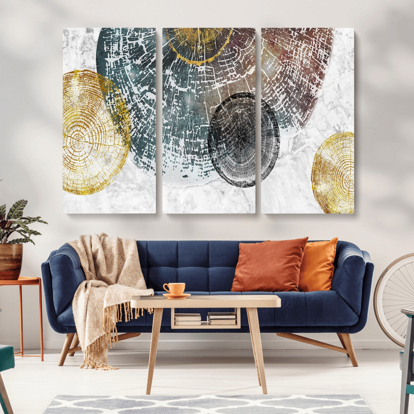 70653-MGV-CV-36X24-Abstract Tree Ring Wall Art – Modern Rustic Wood Slice Canvas Print with Gold Accents, Contemporary Nature Decor for Living Room,