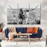 77320-MGV-CV-36X24-Texas Longhorn Wall Art – Black and White Western Cattle Canvas Print, Rustic Farmhouse Animal Photography Decor for Living Room,