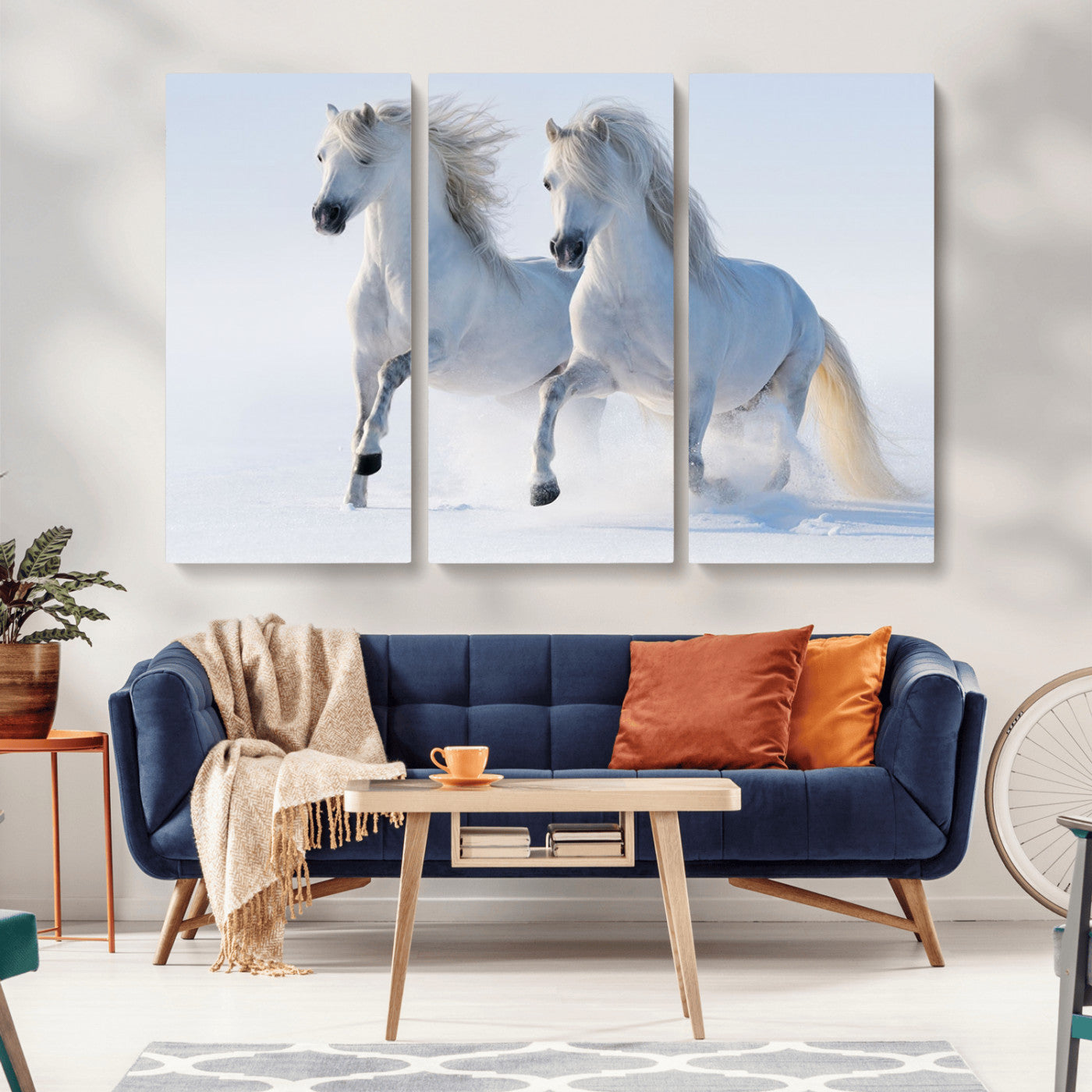 80145-MGV-CV-36X24-White Horses Running Snow Wall Art – Majestic Equine Canvas Print, Winter Nature Photography Decor for Living Room, Office,