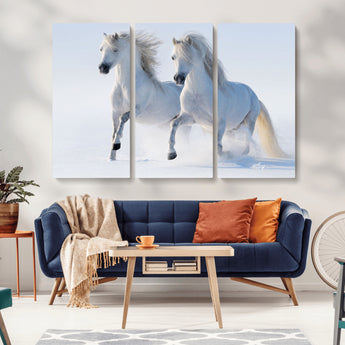 80145-MGV-CV-36X24-White Horses Running Snow Wall Art – Majestic Equine Canvas Print, Winter Nature Photography Decor for Living Room, Office,