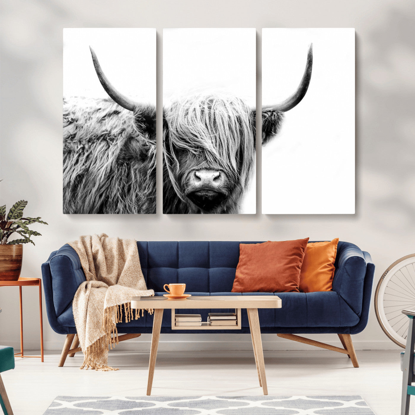 51957-MGV-CV-36X24-Highland Cow Wall Art – Black and White Scottish Highland Bull Canvas Print, Rustic Farmhouse Animal Decor for Living Room,