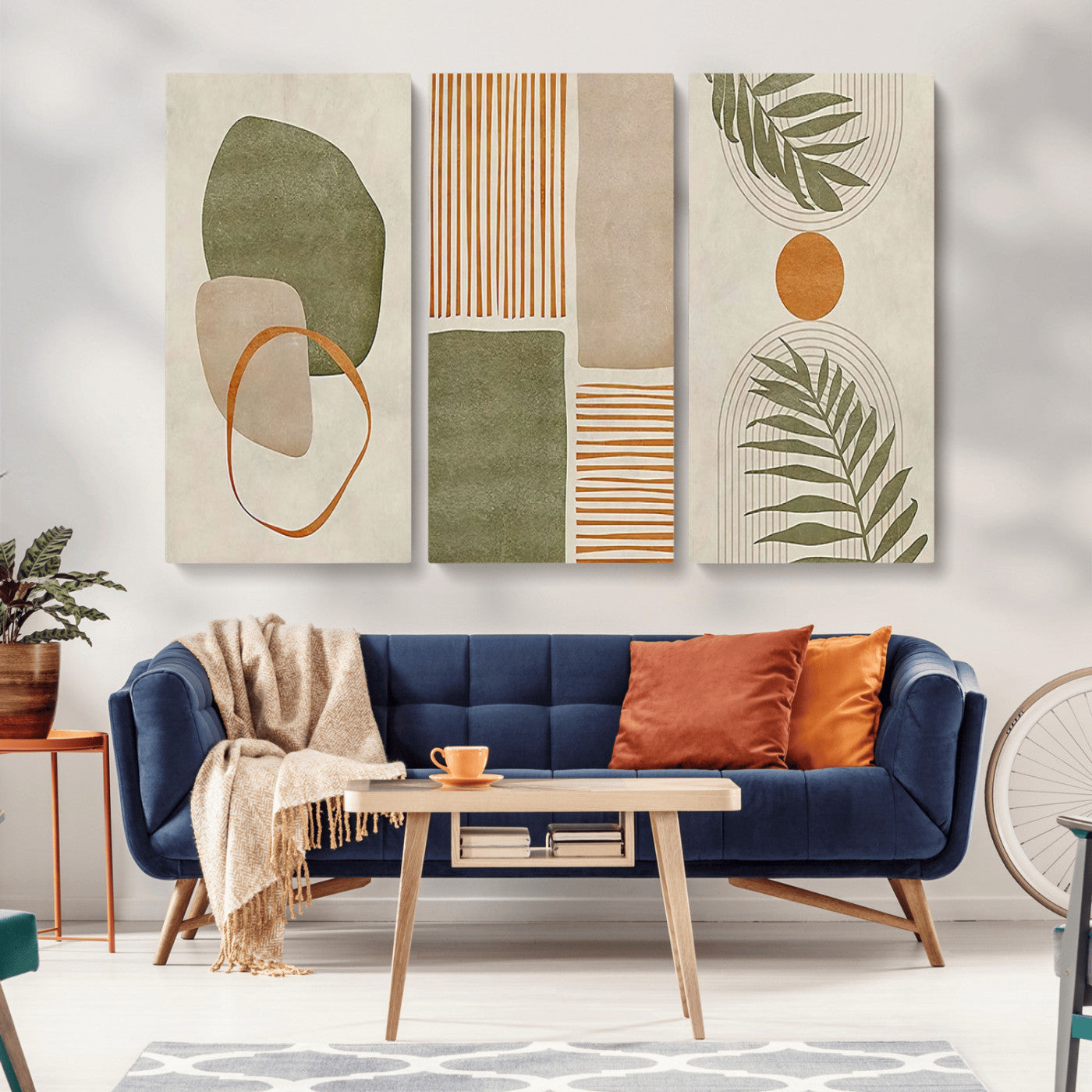 96002-MGV-CV-36X24-Abstract Geometric Wall Art – Modern Canvas Print with Green, Orange & Beige Shapes, Minimalist Home Decor for Living Room, Office