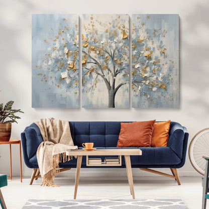 65811-MGV-CV-36X24-Abstract Tree Wall Art – Textured Canvas Painting with Gold and White Leaves, Modern Nature Inspired Decor for Living Room or