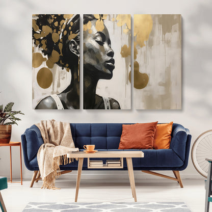 65669-MGV-CV-36X24-Elegant Black Woman Wall Art – Modern Abstract Portrait Canvas with Gold Accents, Contemporary Afrocentric Decor for Living Room