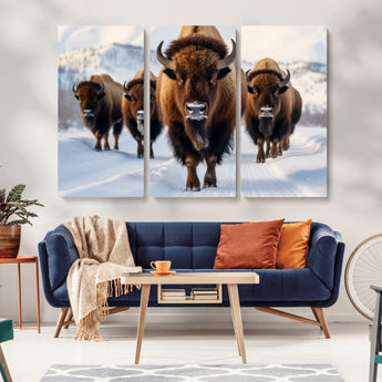 56701-MGV-CV-36X24-Bison Herd Wall Art – Buffalo Walking in Snowy Mountains Canvas Print, Rustic Wildlife Decor for Cabin, Lodge, or Living Room