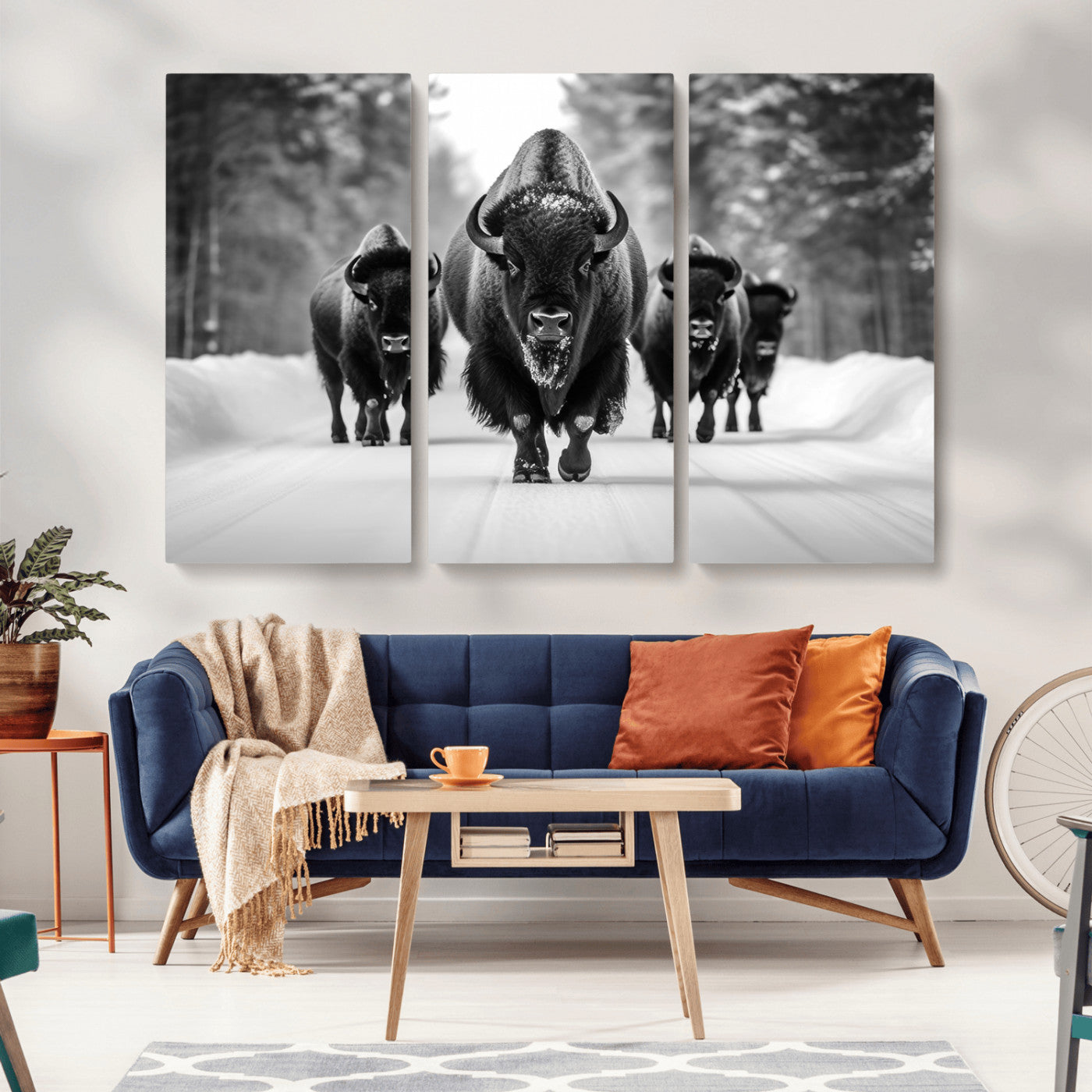 45287-MGV-CV-36X24-Bison Herd Wall Art – Black and White Buffalo Snow Road Canvas Print, Rustic Wildlife Decor for Cabin, Lodge or Living Room