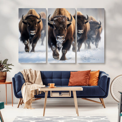 80512-MGV-CV-36X24-Bison Herd Wall Art – Buffalo Running in Snow Canvas Print, Rustic Wildlife Photography Decor for Cabin, Lodge, or Living Room