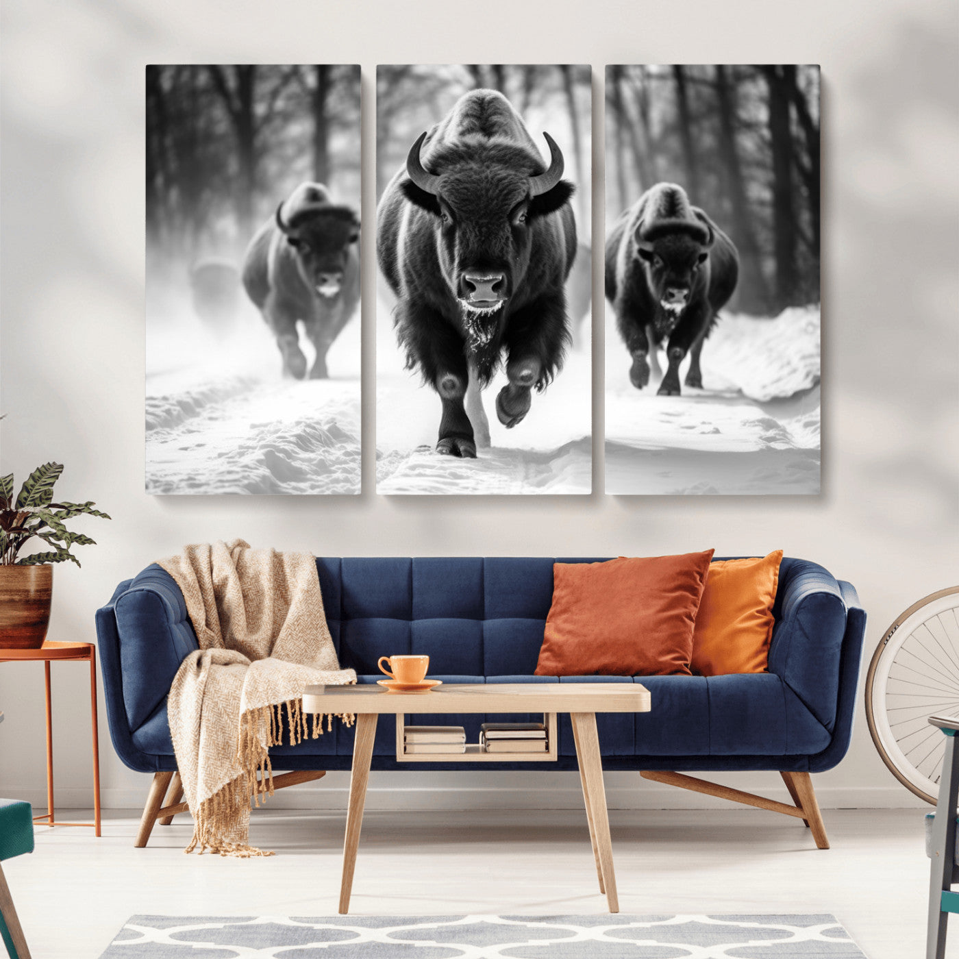 97552-MGV-CV-36X24-Black and White Bison Wall Art – Buffalo Herd Running in Snow Canvas Print, Rustic Wildlife Photography Decor for Cabin, Lodge, or