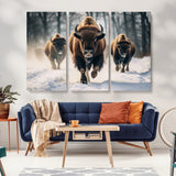 56549-MGV-CV-36X24-Wild Bison Wall Art – Majestic Buffalo Herd Running in Snow Canvas Print, Rustic Wildlife Photography Decor for Cabin, Lodge, or