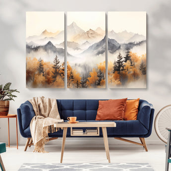 70049-MGV-CV-48X32-3P-Autumn Mountain Forest Wall Art – Misty Landscape Canvas Print, Rustic Nature Inspired Decor for Living Room, Bedroom or Office