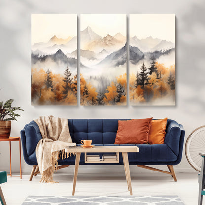 70049-MGV-CV-48X32-3P-Autumn Mountain Forest Wall Art – Misty Landscape Canvas Print, Rustic Nature Inspired Decor for Living Room, Bedroom or Office