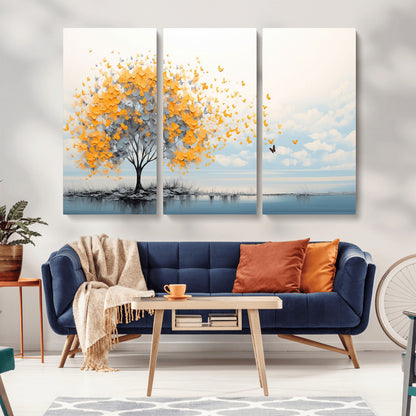 23385-MGV-CV-36X24-Golden Butterfly Tree Wall Art – Abstract Yellow and Gray Canvas Print, Modern Nature Artwork for Living Room, Bedroom or Office