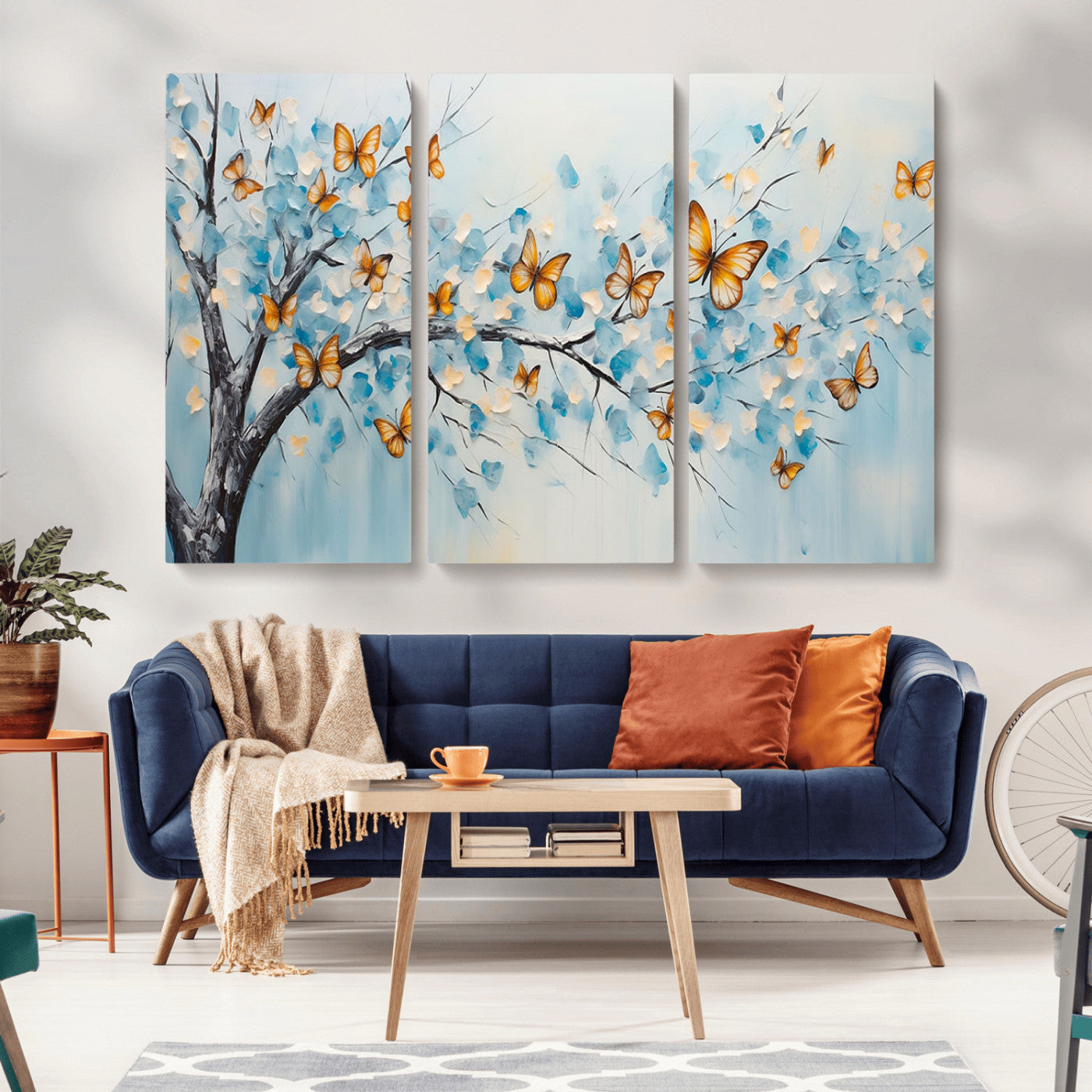 59455-MGV-CV-36X24-Butterfly Tree Branch Wall Art – Blue and Yellow Abstract Canvas Print, Modern Nature Artwork for Living Room, Bedroom or Office