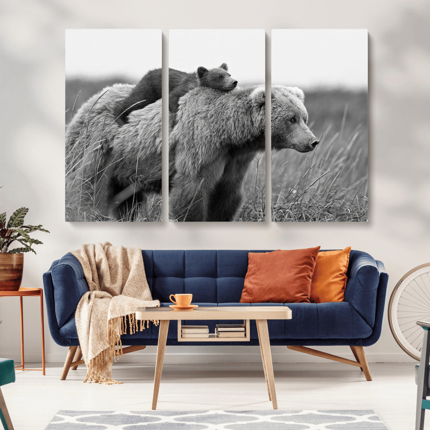 76338-MGV-CV-36X24-Mother Bear and Cub Wall Art – Black and White Wildlife Canvas Print, Rustic Nature Photography for Cabin, Living Room or Office