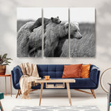 76338-MGV-CV-36X24-Mother Bear and Cub Wall Art – Black and White Wildlife Canvas Print, Rustic Nature Photography for Cabin, Living Room or Office