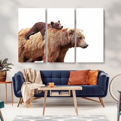 76943-MGV-CV-48X32-3P-Mom Bear Wall Art Canvas Print, Framed Bear Photography Art Picture Print, Rustic Bear and Cub Perfect Rustic Farmhouse Decor