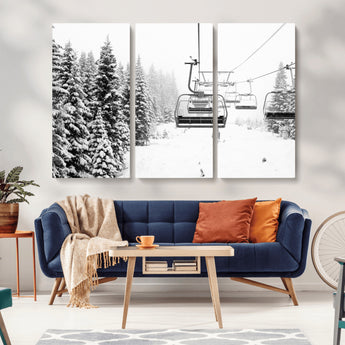 70609-MGV-CV-36X24-Snowy Ski Lift Wall Art – Black and White Winter Mountain Landscape Canvas Print, Rustic Lodge Decor for Cabin, Living Room or