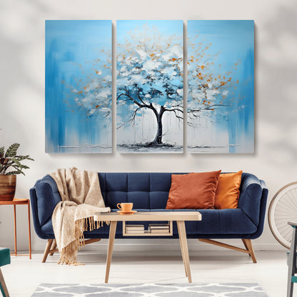 25021-MGV-CV-36X24-Abstract Tree Wall Art – Blue and White Canvas Painting with Gold Accents, Modern Nature-Inspired Artwork for Living Room, Bedroom