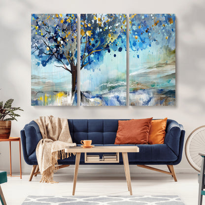17018-MGV-CV-36X24-Abstract Blue Tree Wall Art – Colorful Canvas Painting with Gold and Silver Accents, Modern Nature Artwork for Living Room,