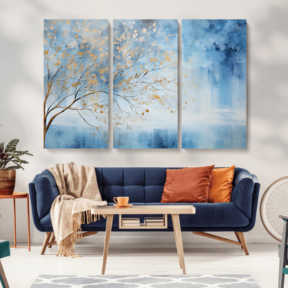 23891-MGV-CV-36X24-Abstract Tree Wall Art – Minimalist Blue and Gold Canvas Painting, Elegant Nature-Inspired Artwork for Living Room, Bedroom or