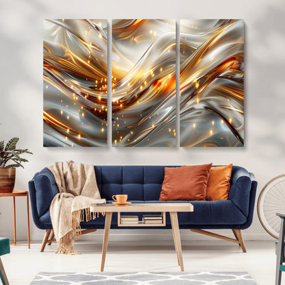 Lines1-MGV-CV-36X24-Abstract Metallic Wall Art – Silver and Gold Wave Canvas Print with Sparkling Accents, Modern Luxury Decor for Living Room, Office