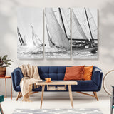 Boat-1-MGV-CV-36X24-Sailboat Racing Wall Art – Nautical Black and White Canvas Print, Ocean Adventure Decor for Office, Living Room or Bedroom